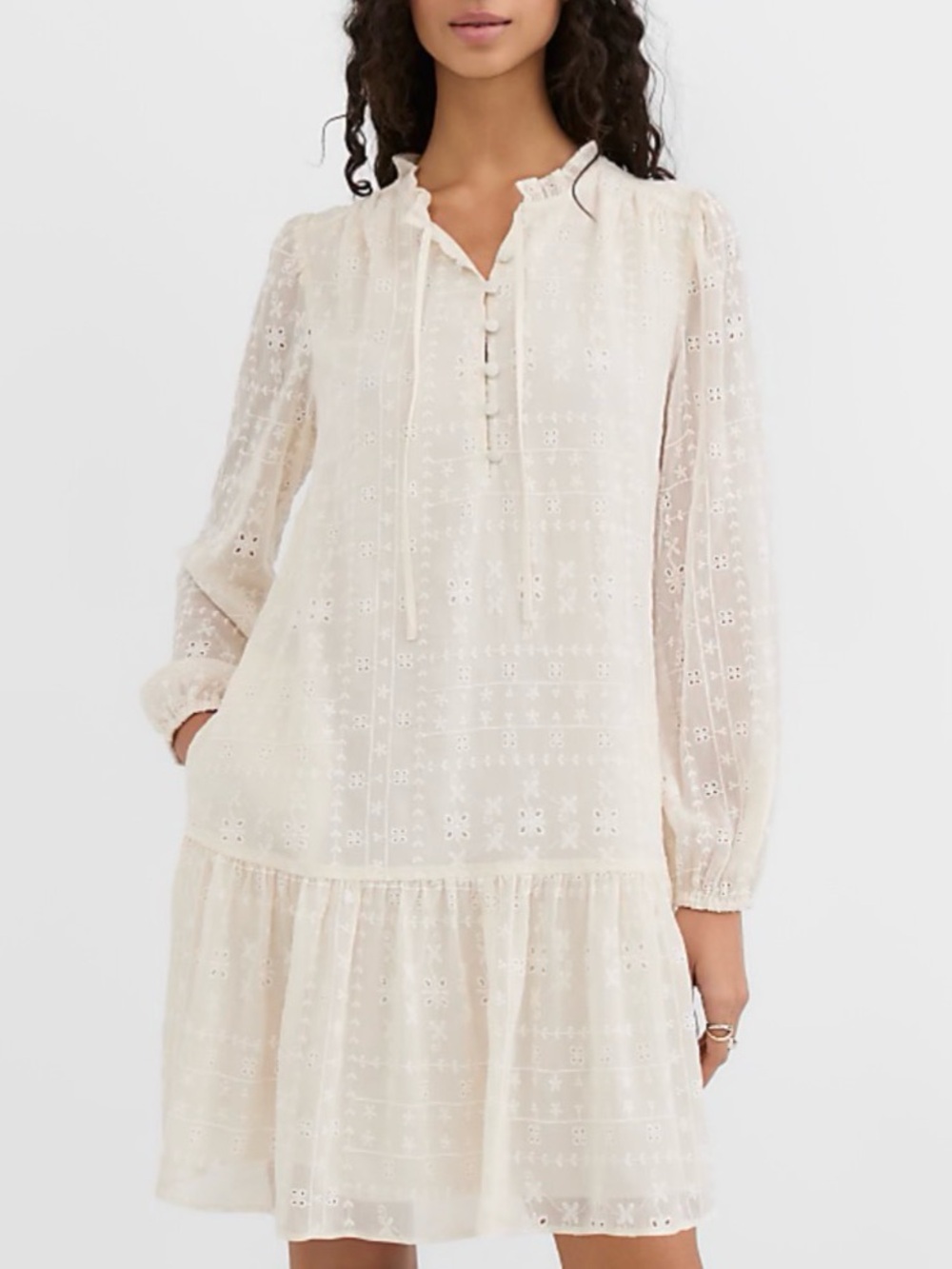 NEW LOFT Eyelet Tie Neck Flounce Mini Pocket Dress Large Long Sleeves Ivory